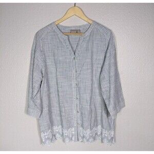 Chico’s 100% cotton popover shirt Tunic top blouse sz 2 Large Embroidered N78